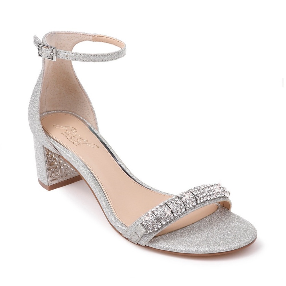 Jewel Badgley Mischka Ramsay Open Toe Block Heel Rhinestone Silver NIB